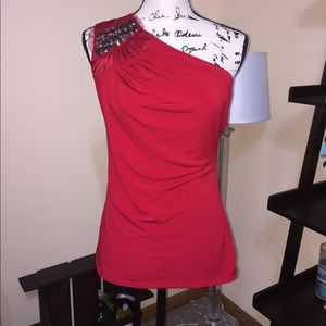 Red Bedazzled Blouse one shoulder